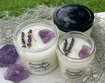 Lavender Amethyst Crystal Candle - Soy Candle - Aromatherapy Candle - Lavender Essential Oil Candle - Good Vibes - Mindfulness Gift