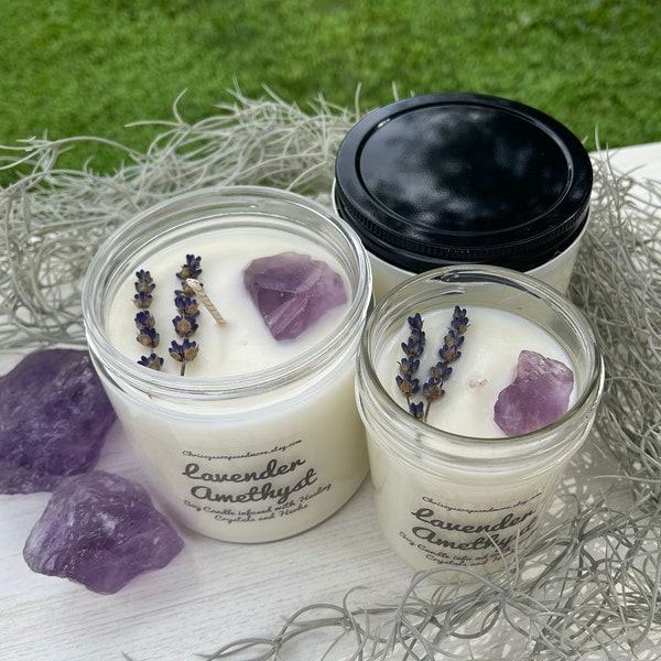 Lavender Amethyst Crystal Candle - Soy Candle - Aromatherapy Candle - Lavender Essential Oil Candle - Good Vibes - Mindfulness Gift