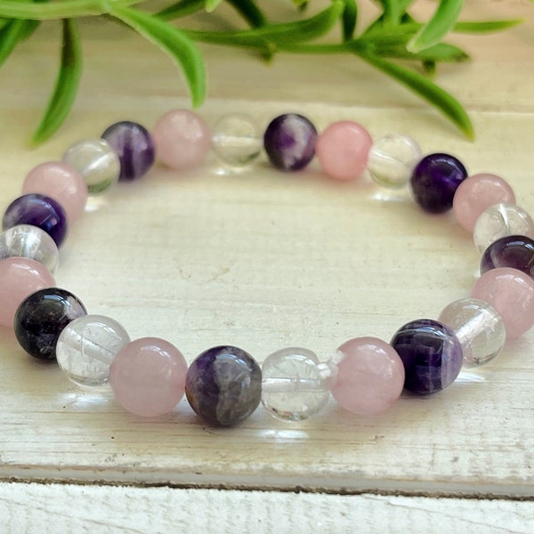 Rose Quartz Amethyst Clear Quartz Healing Crystal Bracelet - Positive Energy Bracelet - Gemstone Bracelet - Beaded Bracelet