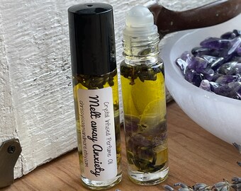 Melt Away Anxiety - Crystal infused Lavender Essential Oil Roller Bottle -  Natural Perfume  - Anxiety and Stress Relief  - Mindfulness Gift