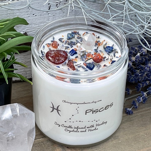 Pisces Zodiac Crystal Candle - Horoscope Candle - Astrology Candle - March Birthday Gift - Intention Candle - Natural Soy Candle