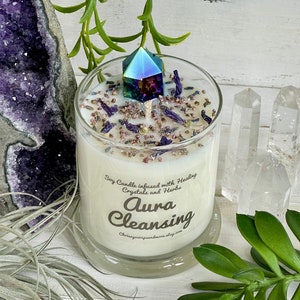 Aura Cleansing Crystal Candle - Energy Cleansing - Meditation Candle - Intention Candle - Aura Cleanse - Ritual Candle - Titanium Quartz