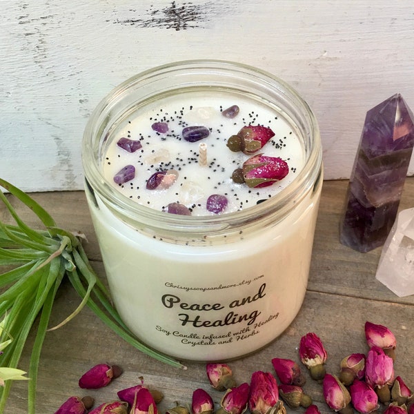 Peace and Healing Crystal Candle - Soy Candle - Herb infused Soy Candle - Mindfulness Gift - Self Love Gift