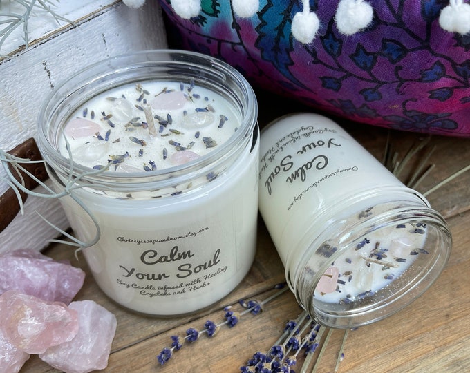Calm Your Soul Crystal Candle - Soy Candle - Herb infused Soy Candle - Mindfulness Gift - Intention Candle