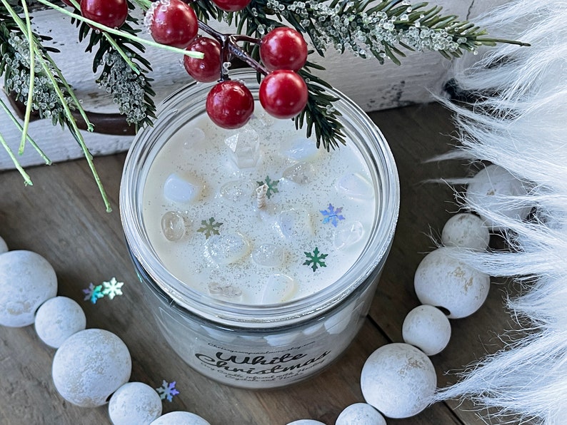 White Christmas Crystal Candle Yule Candle Soy Candle Christmas Candle Winter and Holiday Candles Christmas Decor image 1