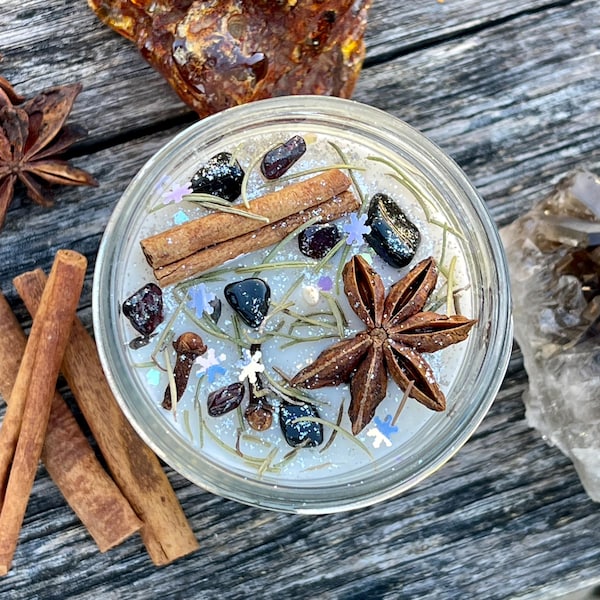 Winter Solstice Crystal Soy Candle: Garnet & Obsidian Crystals, Pine Scent