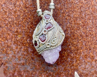 Amethyst Spirit Quartz & Red Garnet Clay Pendant - Boho Necklace