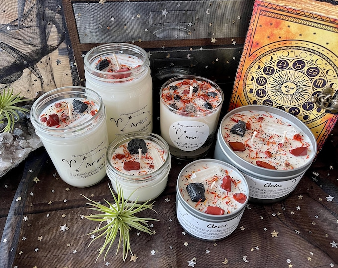 Aries Zodiac Crystal Candle: Natural Soy Wax Astrology Gift