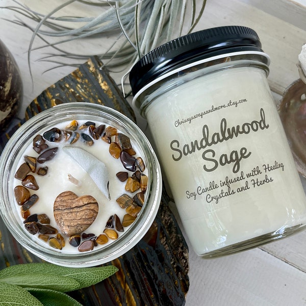 Sandalwood Sage Crystal Candle - Soy Candle - Cleansing Candle - Smudge Candle - Intention Candle - Mindfulness Gift - Sandalwood Candle