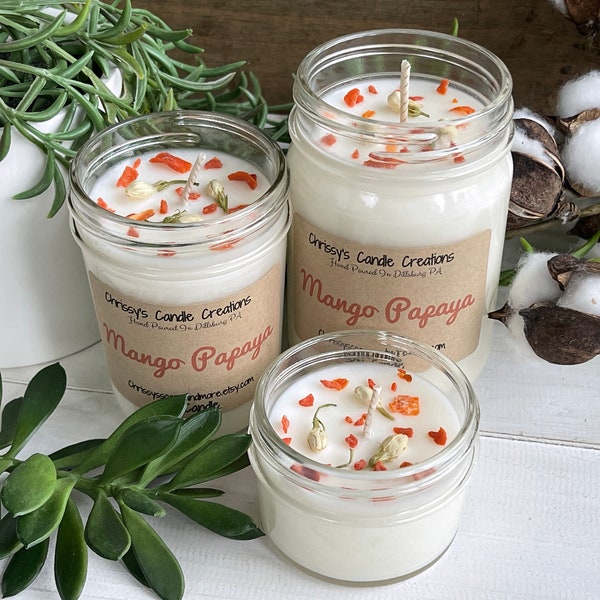 Mango Papaya Soy Candles handmade - Tropical Candle - Summer Scent - Herb Infused Candle  - Vegan - Soy Wax - Farmhouse decor