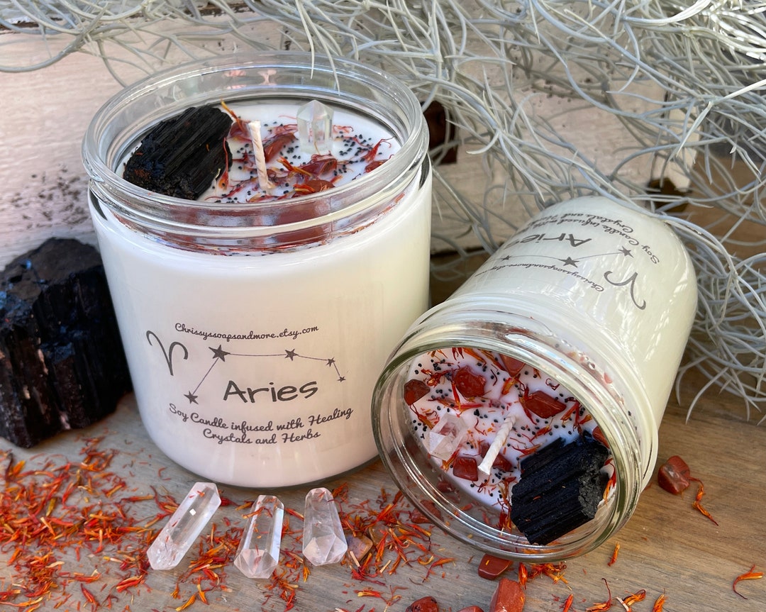 Aries Zodiac Crystal Candle Horoscope Candle Astrology Candle April Birthday Gift Intention