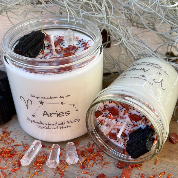 Aries Zodiac Crystal Candle - Horoscope Candle - Astrology Candle - April Birthday Gift - Intention Candle - Natural Soy Candle