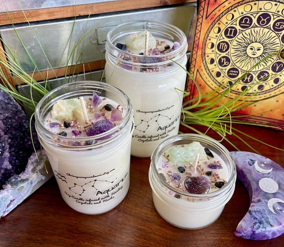 Aquarius Zodiac Crystal Candle - Horoscope Candle - Astrology Candle - February Birthday Gift - Intention Candle - Natural Soy Candle