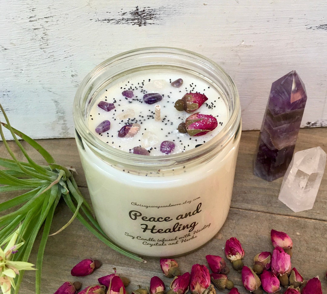 Healing Herbal Crystal Candle / Calming Energy / Relaxation / Soothe  Anxiety & Insomnia / Soy Wax / Customizable / Many Sizes Available 