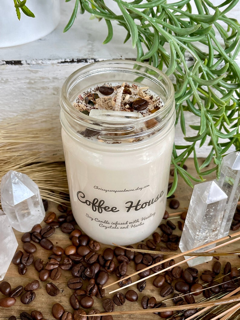 Crystal Coffee House Candle Soy Candle Healing Crystals and Herbs Candle Gift Coffee Scented Candle Coffee Lover Gift image 2