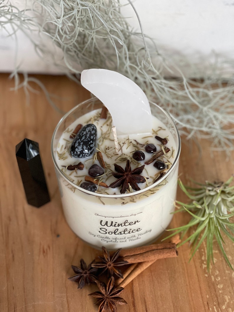 Mindfulness Gift Yule Candle Selenite Crescent Moon 16oz Soy Candle Intention Candle Winter Solstice Crystal Candle