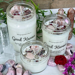 Good Karma Crystal Candle: Rose Quartz, Sunstone & Rhodonite Soy Candle