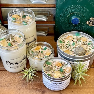 Vela de cristal de prosperidad - Vela de soja - Buena suerte - Fortuna - Vela con hierbas - Regalo de atención plena - Buenas vibras - Cristales curativos imagen 1