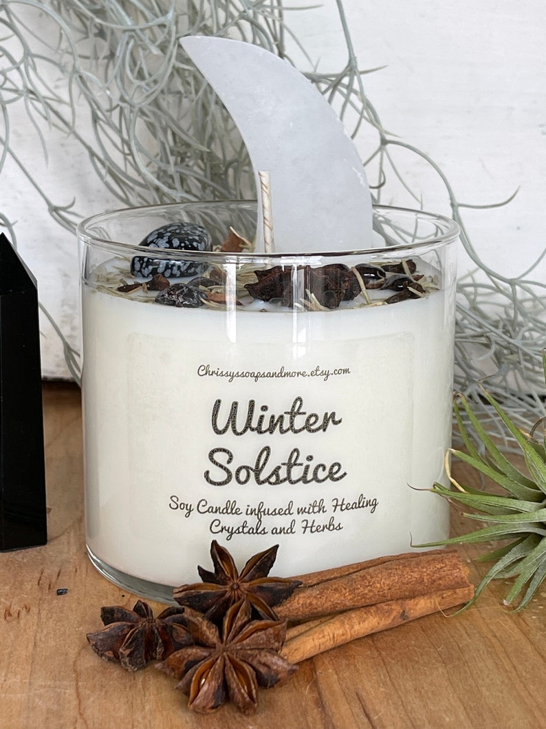Mindfulness Gift Yule Candle Selenite Crescent Moon 16oz Soy Candle Intention Candle Winter Solstice Crystal Candle
