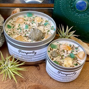 Vela de cristal de prosperidad - Vela de soja - Buena suerte - Fortuna - Vela con hierbas - Regalo de atención plena - Buenas vibras - Cristales curativos imagen 10