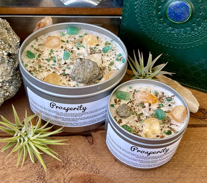 Vela de cristal de prosperidad - Vela de soja - Buena suerte - Fortuna - Vela con hierbas - Regalo de atención plena - Buenas vibras - Cristales curativos imagen 10