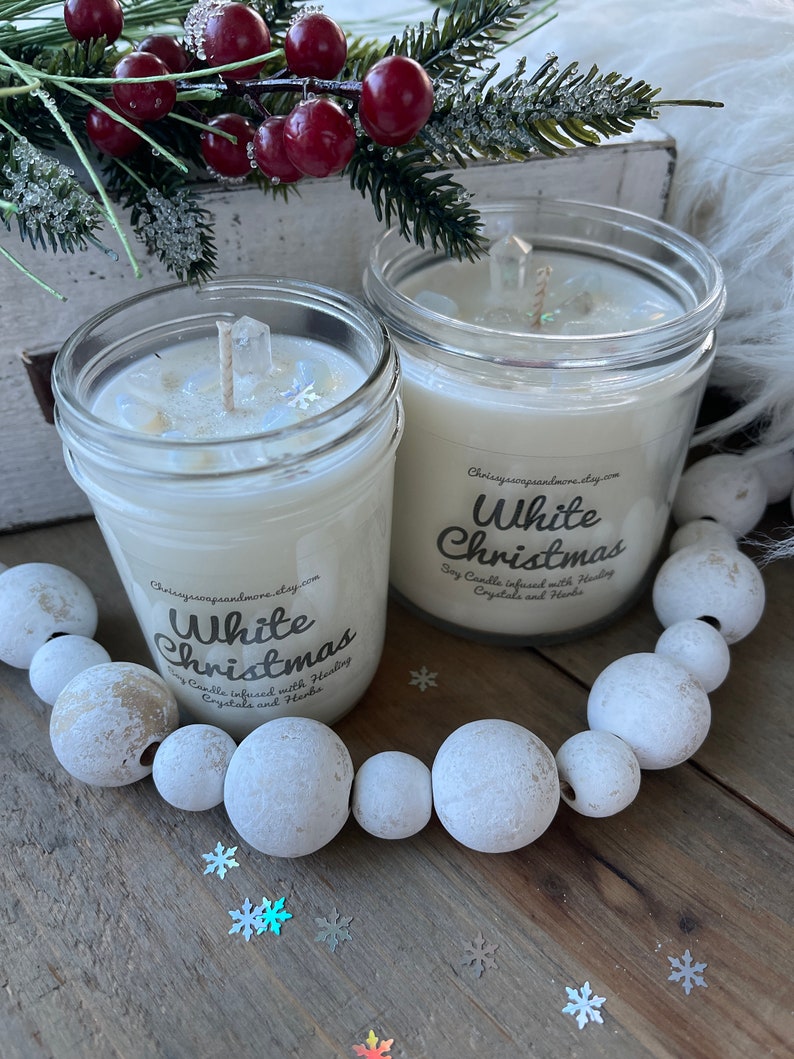 White Christmas Crystal Candle Yule Candle Soy Candle Christmas Candle Winter and Holiday Candles Christmas Decor image 2