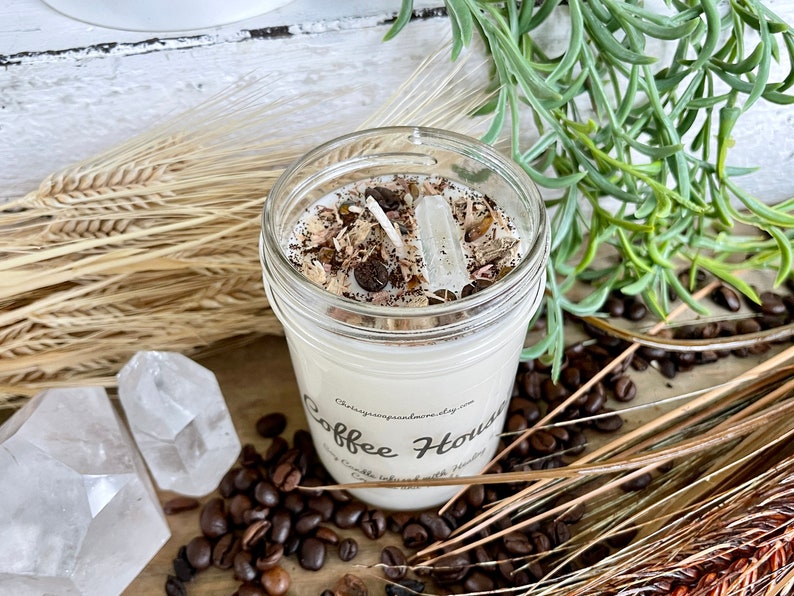 Crystal Coffee House Candle Soy Candle Healing Crystals and Herbs Candle Gift Coffee Scented Candle Coffee Lover Gift image 6