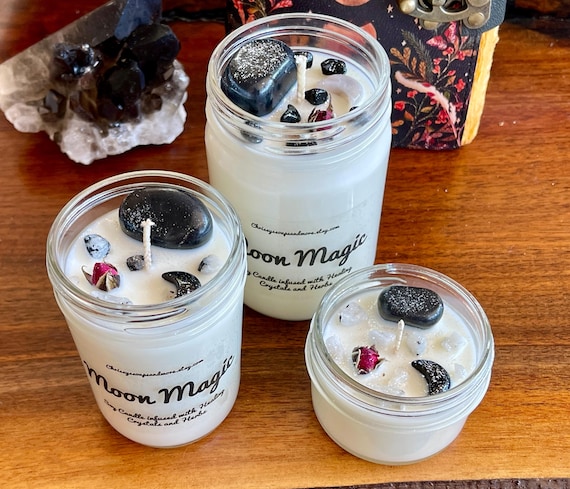 Moon Magic Crystal Candle: Shungite, Obsidian, Moonstone - Cinnamon Ginger Scent