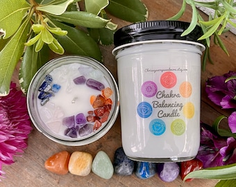 Chakra Balancing Candle: 7 Chakra Stones, Black Amber Scent