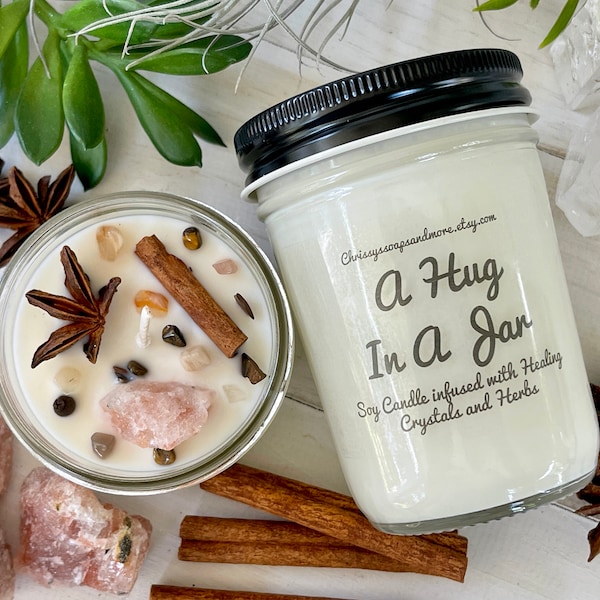 A Hug in a Jar Crystal Candle - Scented Soy Candle - Crystals and Herbs - Mindfulness Gift - Thinking of you gift - Coffee Lover