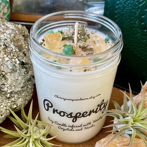 Vela de cristal de prosperidad - Vela de soja - Buena suerte - Fortuna - Vela con hierbas - Regalo de atención plena - Buenas vibras - Cristales curativos imagen 5