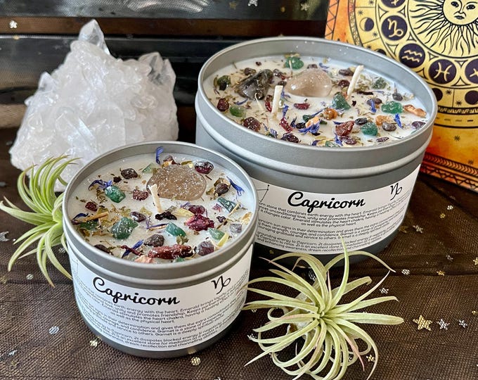 Capricorn Zodiac Crystal Candle - Astrology Horoscope Gift January Birthday Intention Natural Soy Wax