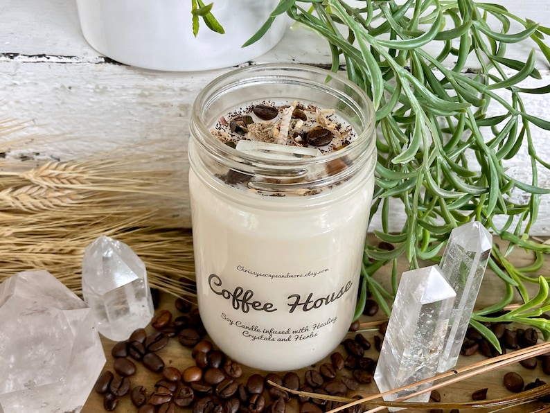 Crystal Coffee House Candle Soy Candle Healing Crystals and Herbs Candle Gift Coffee Scented Candle Coffee Lover Gift image 3