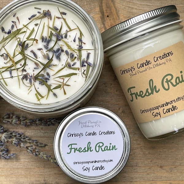 Fresh Rain Soy Candles handmade - Summer Scent - Fresh Scent -  Herb Infused Candle  - Scented Candle - Vegan - Farmhouse decor