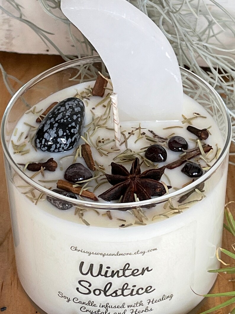 Mindfulness Gift Yule Candle Selenite Crescent Moon 16oz Soy Candle Intention Candle Winter Solstice Crystal Candle