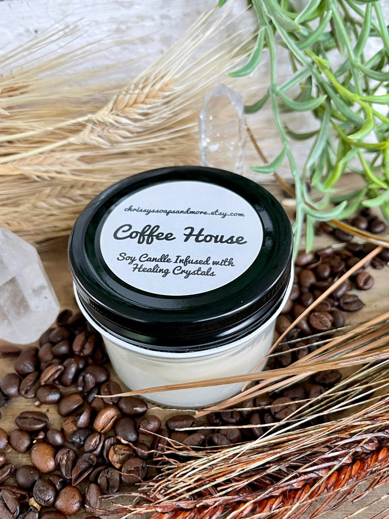 Crystal Coffee House Candle Soy Candle Healing Crystals and Herbs Candle Gift Coffee Scented Candle Coffee Lover Gift image 8