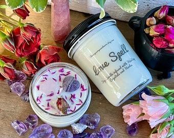 Love Spell Crystal Candle - Soy Candle - Spell Candles - Valentines Day gift - Rose Quartz - Intention Candle - Manifestation Candle