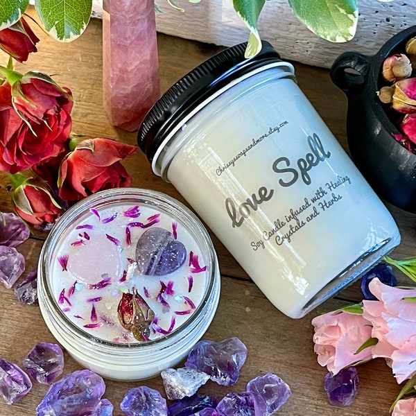 Love Spell Crystal Candle - Soy Candle - Spell Candles - Valentines Day gift - Rose Quartz - Intention Candle - Manifestation Candle