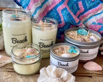 Bougies de soja faites main en cristal de plage avec amazonite - Parfum océan estival pour décoration de maison côtière