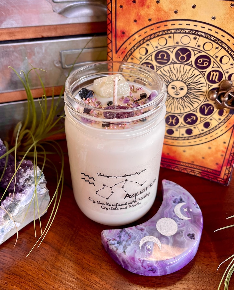 Bougie en cristal du zodiaque Verseau - Bougie horoscope - Bougie astrologique - Cadeau d'anniversaire de février - Bougie d'intention - Bougie de soja naturelle image 8