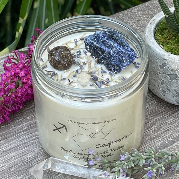 Sagittarius Zodiac Crystal Candle - Horoscope Candle - Astrology Candle - December Birthday Gift - Intention Candle - Natural Soy Candle