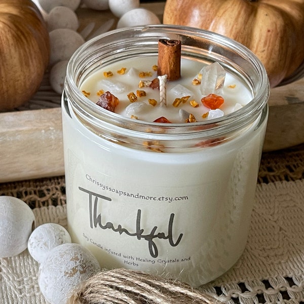 Thankful Crystal Infused Candle - Thanksgiving Candle - Soy Candle - Fall Candle - Thanksgiving Decor - Autumn Candle  - Energy Candle