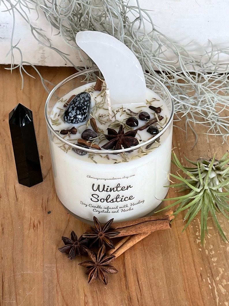 Mindfulness Gift Yule Candle Selenite Crescent Moon 16oz Soy Candle Intention Candle Winter Solstice Crystal Candle
