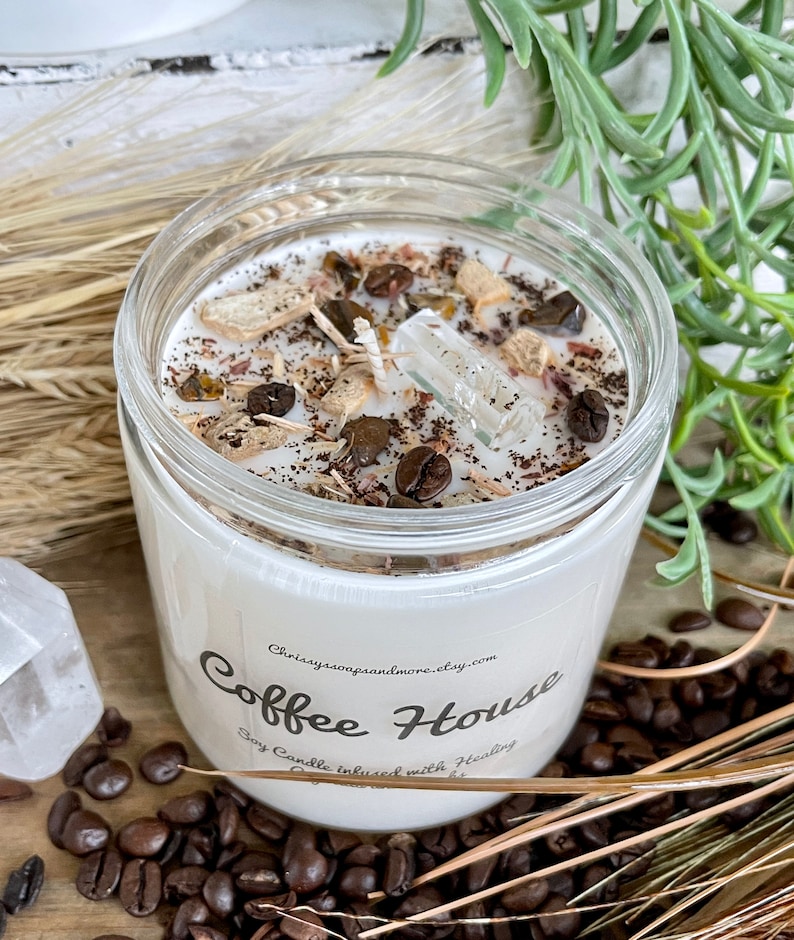 Crystal Coffee House Candle Soy Candle Healing Crystals and Herbs Candle Gift Coffee Scented Candle Coffee Lover Gift image 4