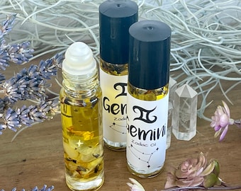 Gemini Zodiac Perfume Oil: Crystal Infused Roller Bottle, Tropical Citrus Scent