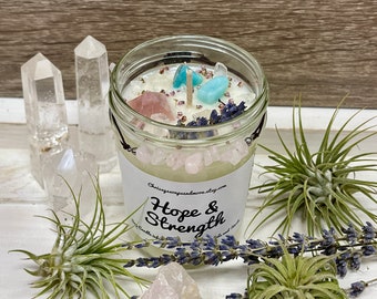 Hope and Strength Crystal Candle - Soy Wax Candle - Rose Quartz Pyramid - Rose Quartz Bracelet - Self Love - Mindfulness Gift