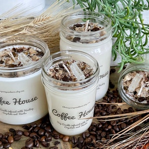 Crystal Coffee House Candle Soy Candle Healing Crystals and Herbs Candle Gift Coffee Scented Candle Coffee Lover Gift image 1