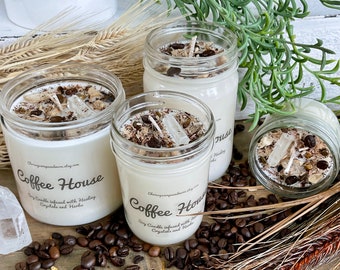 Crystal Coffee House Candle - Soy Candle - Healing Crystals and Herbs - Candle Gift - Coffee Scented Candle -  Coffee Lover Gift