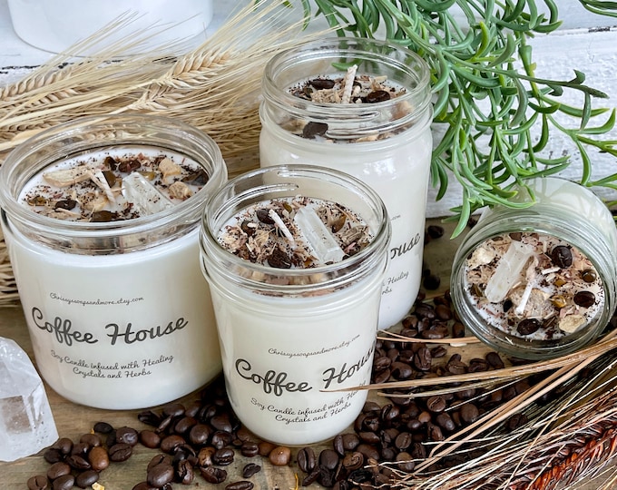 Coffee House Crystal Candle - Soy Candle - Healing Crystals and Herbs - Candle Gift - Coffee Scented Candle -  Coffee Lover Gift