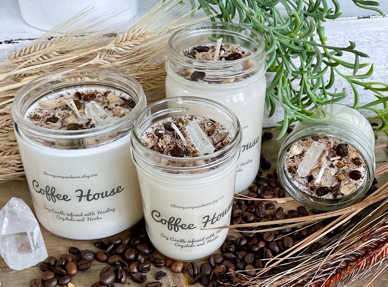 Crystal Coffee House Candle Soy Candle Healing Crystals and Herbs Candle Gift Coffee Scented Candle Coffee Lover Gift image 1